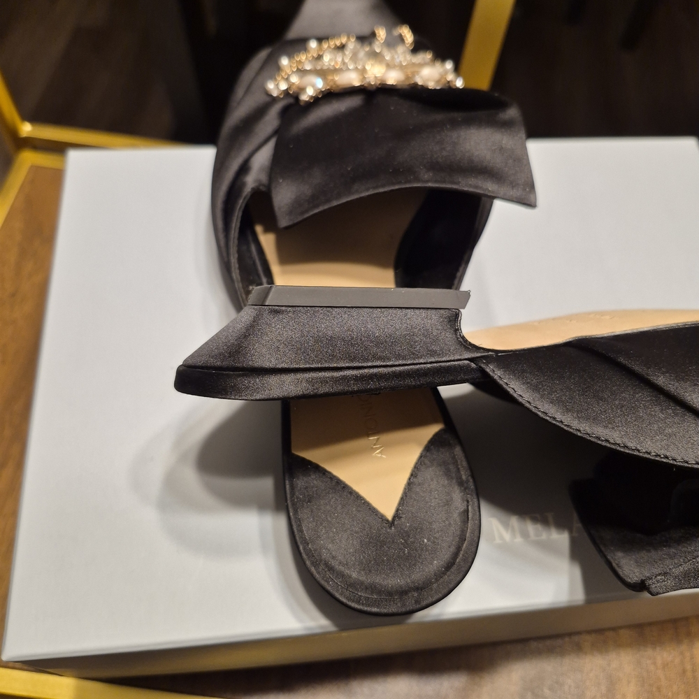ANTONIO MELANI Black Satin Slip-On Mules with Jeweled Brooch